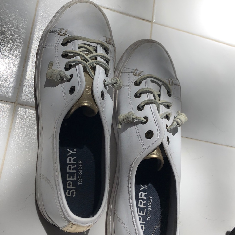 White and Gold Sperry Slip on Sneakers